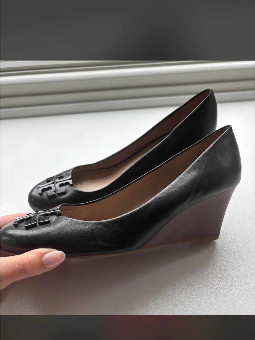 Tory Burch Black Leather Logo Wedge Flats - Women's
